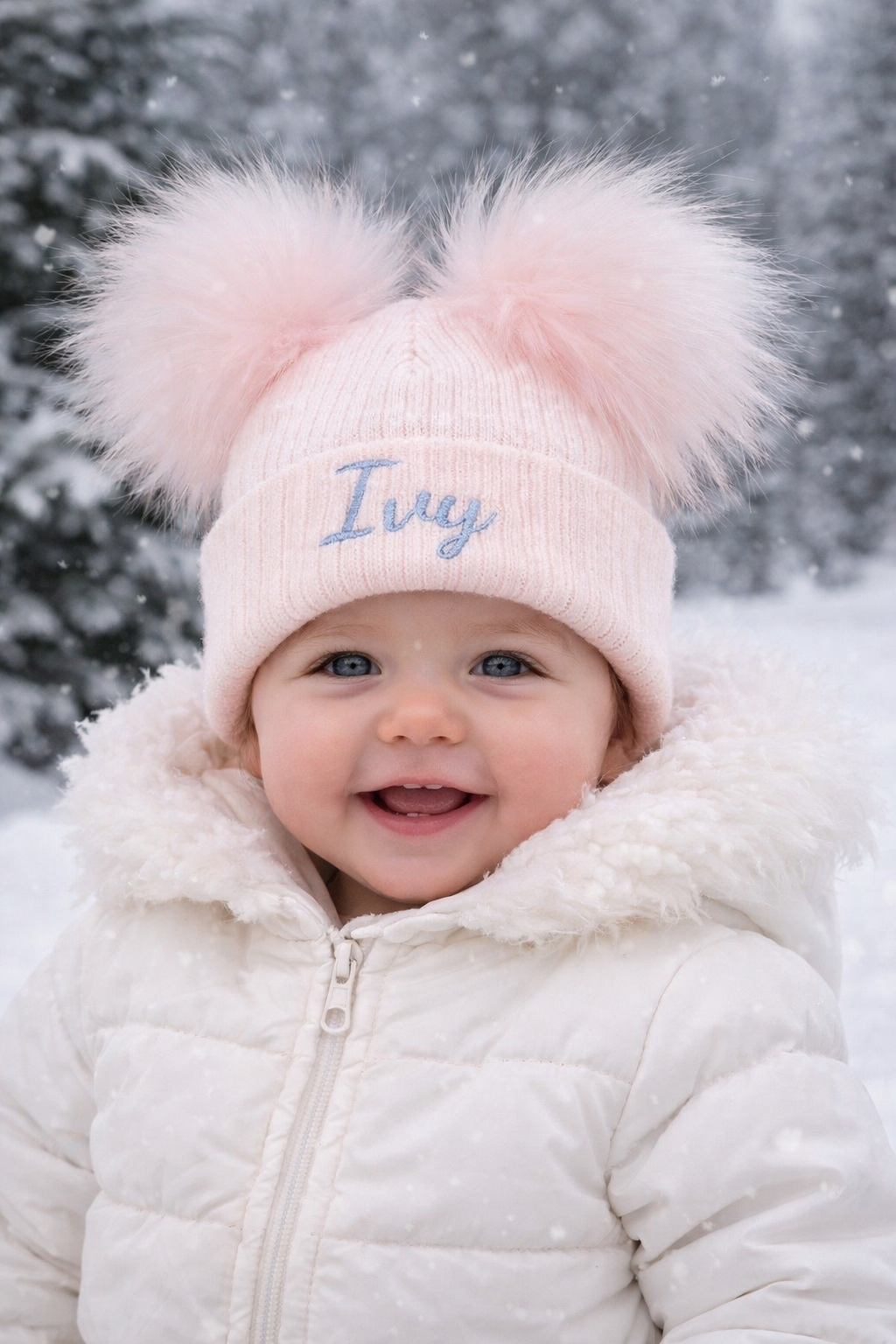Pink kids personalised Double Pom hat - 3+ Months