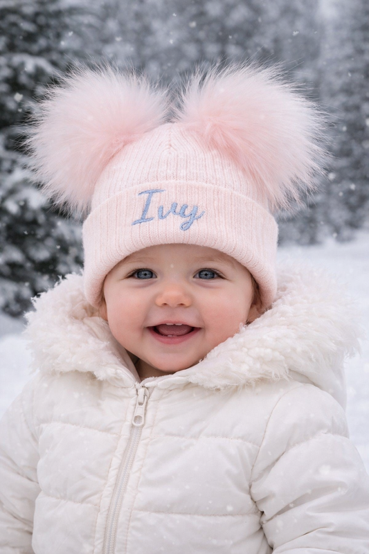 Pink kids personalised Double Pom hat - 3+ Months