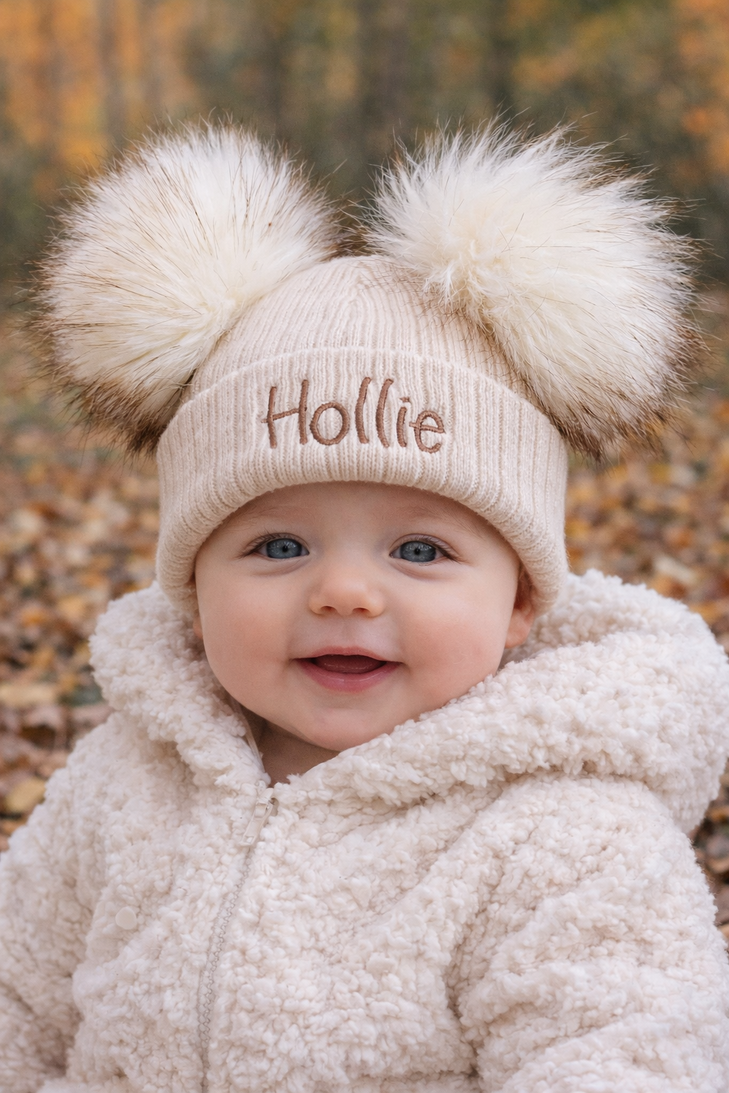 Beige 3-12 Month kids personalised Double Pom hat