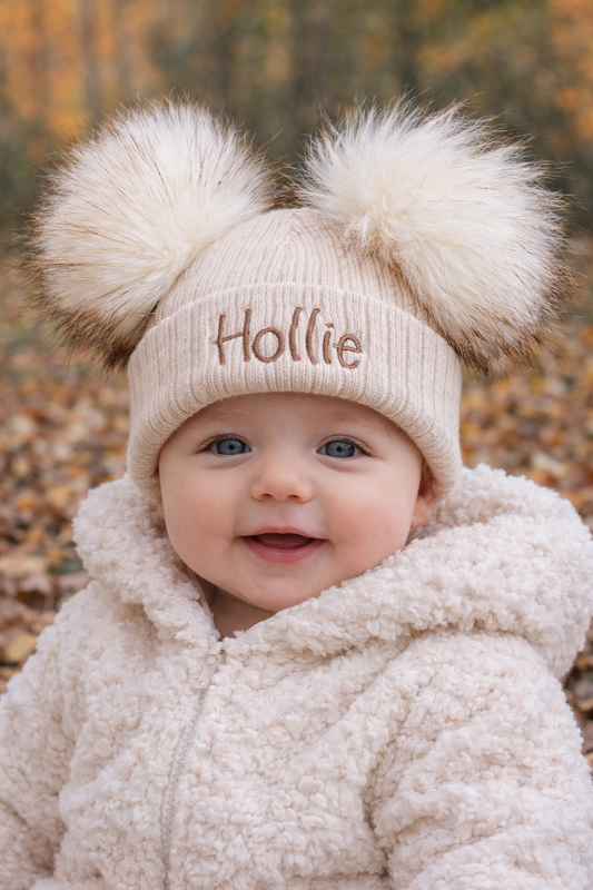Beige 3-12 Month kids personalised Double Pom hat