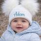 White kids personalised 3+ Month Double Pom hat