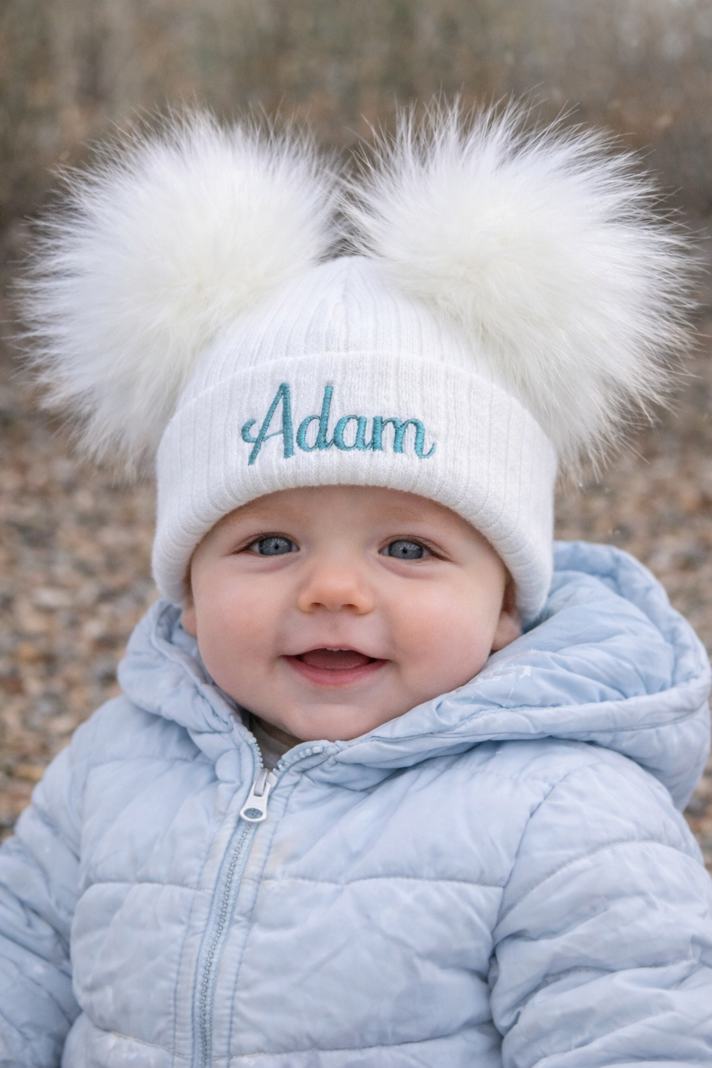 White kids personalised 3+ Month Double Pom hat