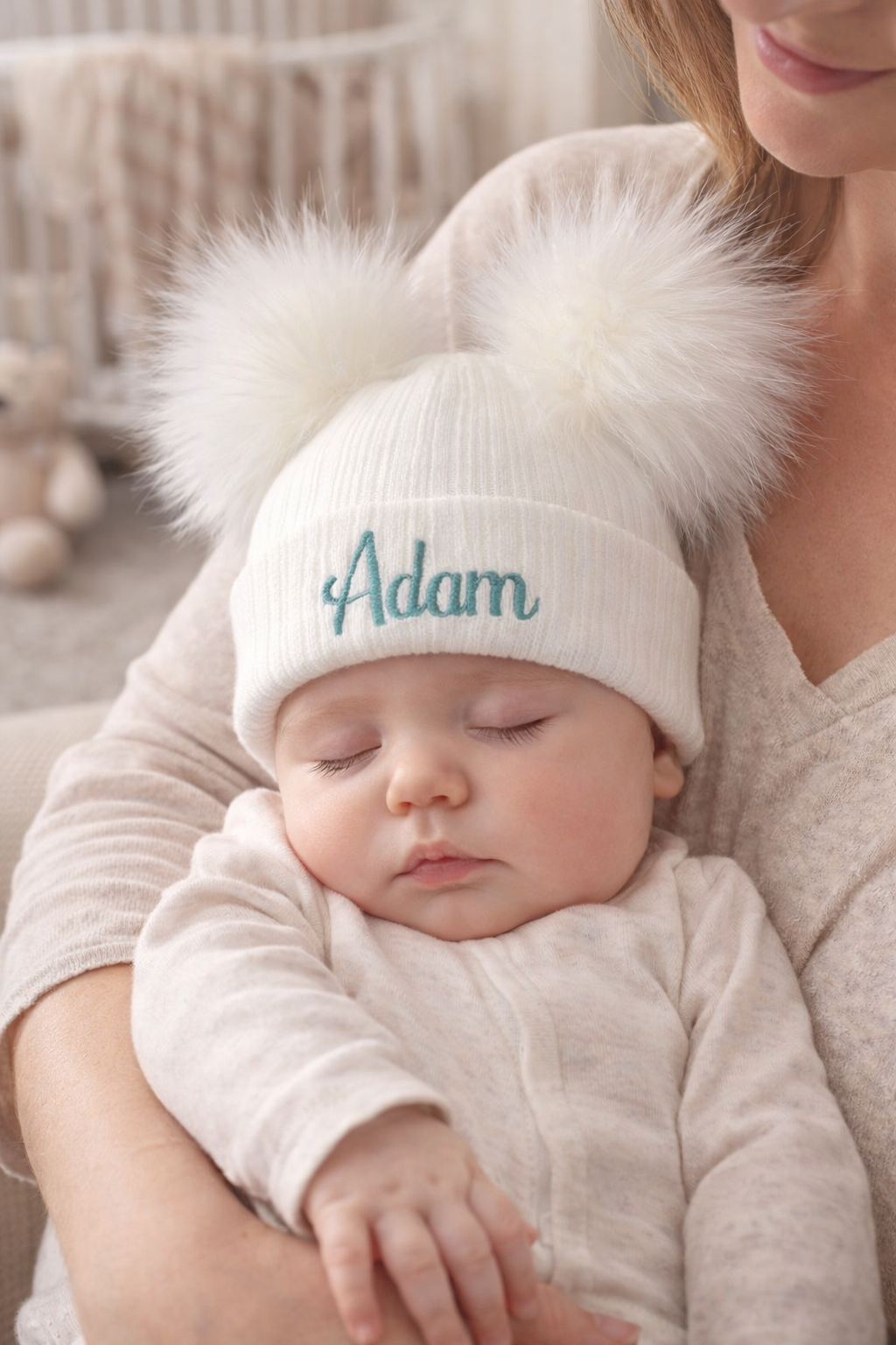 White baby personalised Double Pom hat - First Size