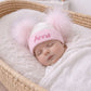 Pink & White baby personalised Double Pom hat - First Size