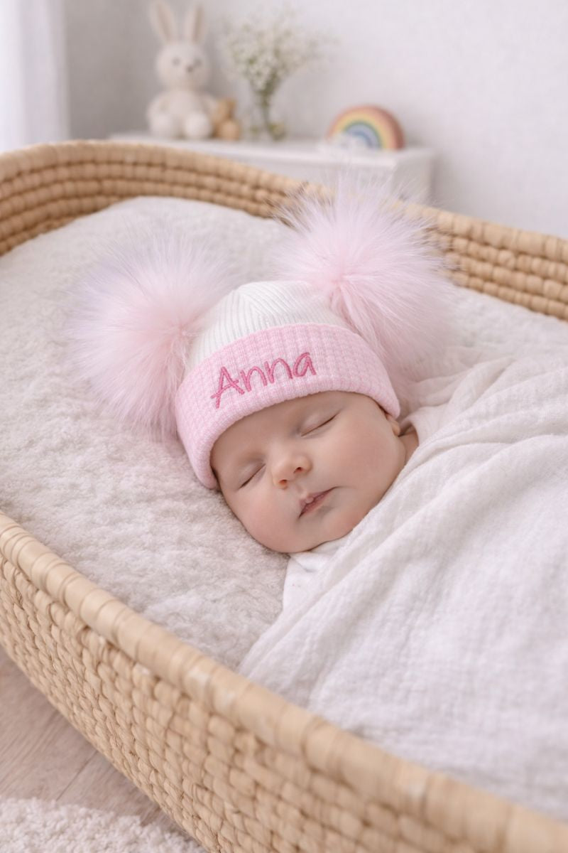 Pink & White baby personalised Double Pom hat - First Size