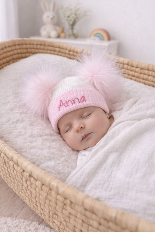 Pink & White baby personalised Double Pom hat - First Size