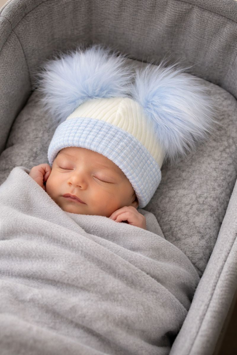 Blue & White baby personalised  Double Pom hat - First Size