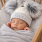 Grey & White baby personalised  Double Pom hat - First Size