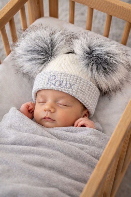 Grey & White baby personalised  Double Pom hat - First Size