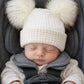 Beige & White kids personalised Double Pom hat - First Size