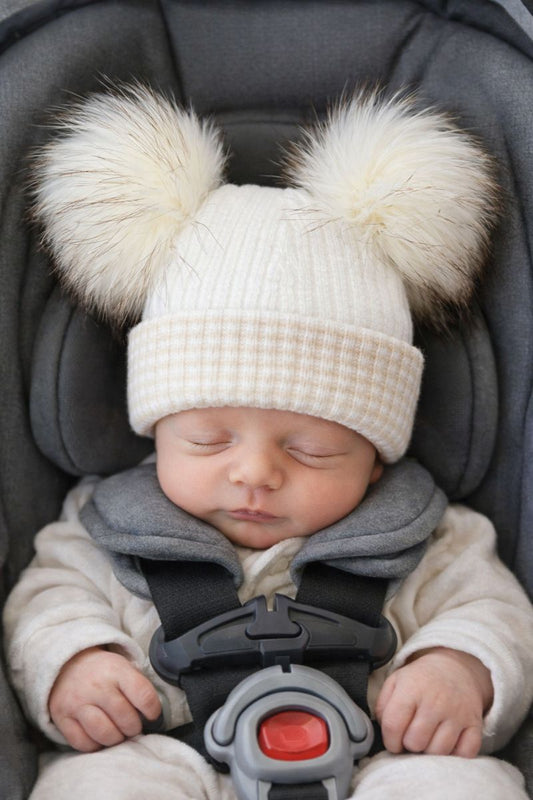 Beige & White kids personalised Double Pom hat - First Size