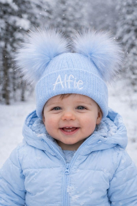 Blue kids personalised 3+ Month Double Pom hat