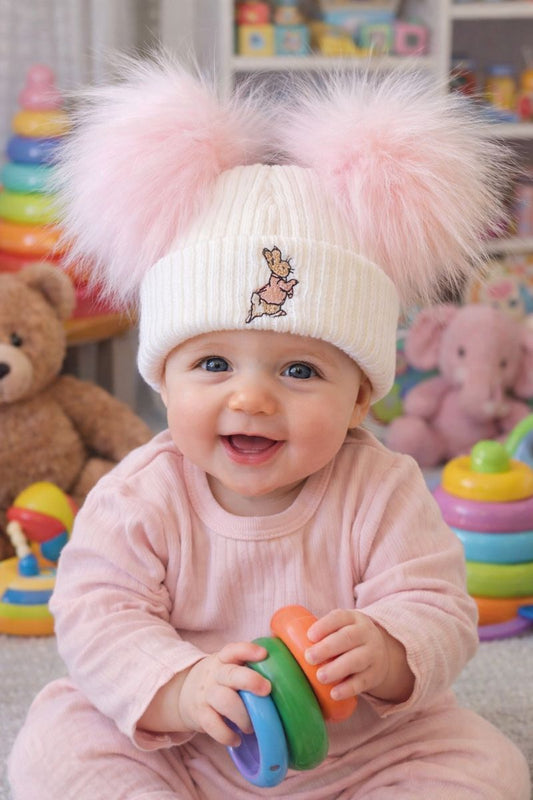 Pink 3+ Month Double Pom hat - Pink Bunny