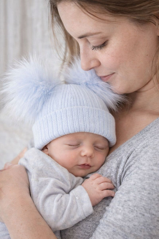 Blue baby personalised Double Pom hat - First Size