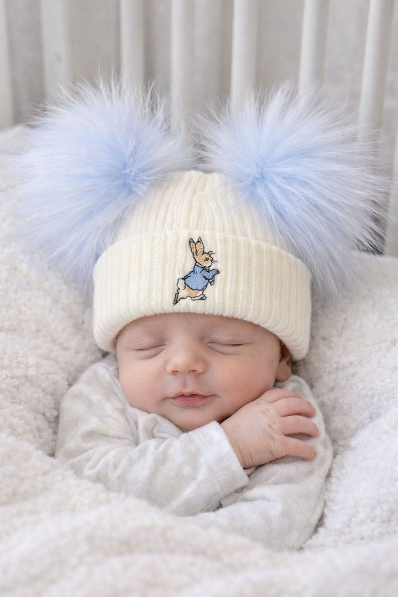 Blue Bunny Double Pom Hat - First Size