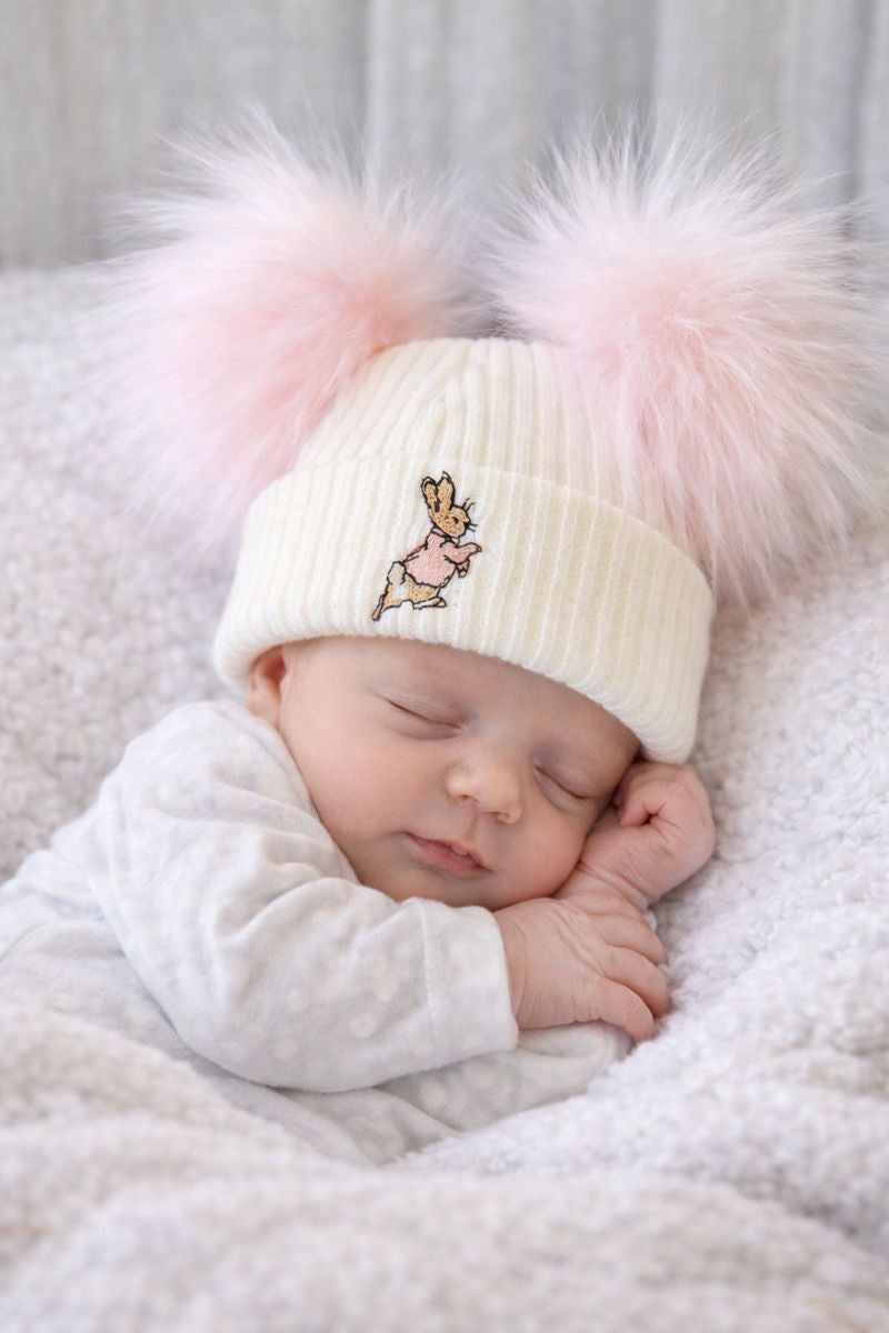 Pink Bunny Double Pom Hat - First Size
