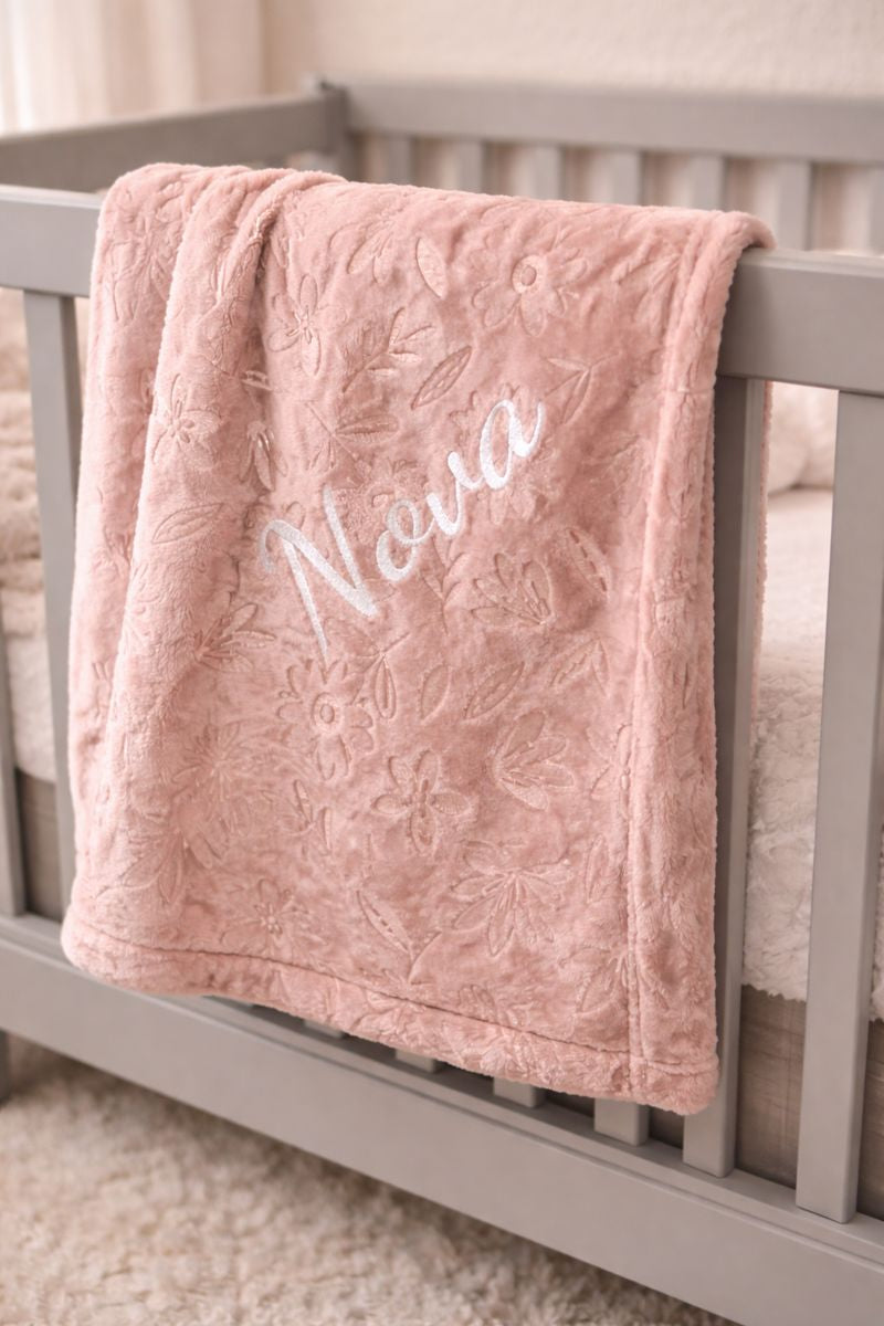 Flower embossed Dusky pink personalised baby blanket / wrap