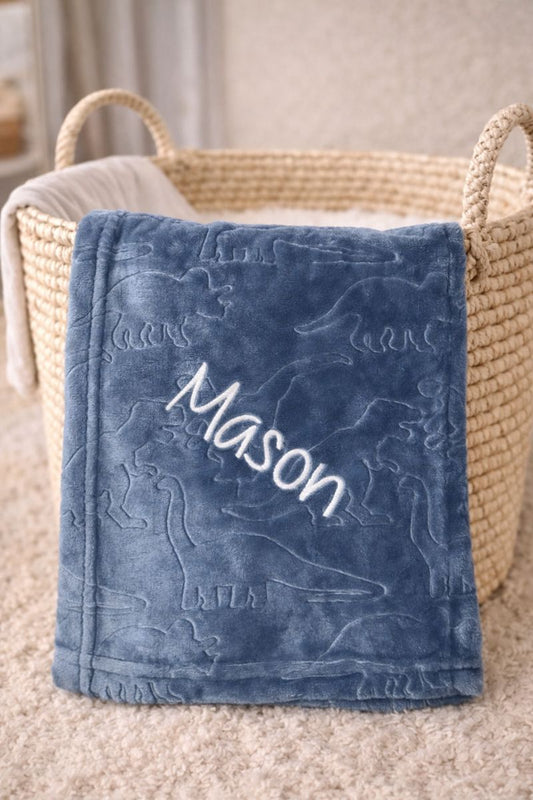 Dino embossed Dusky blue personalised baby blanket / wrap