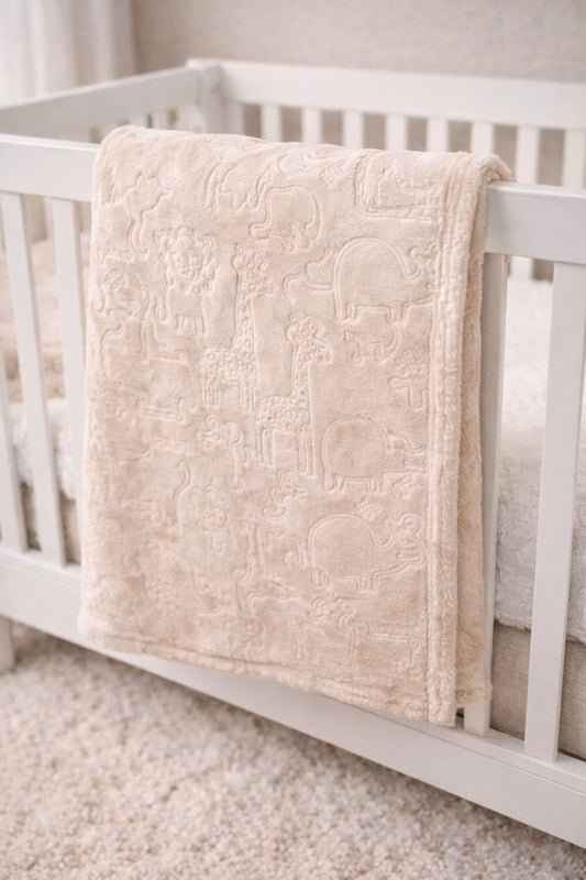 Animal embossed Biscuit/Beige personalised baby blanket / wrap