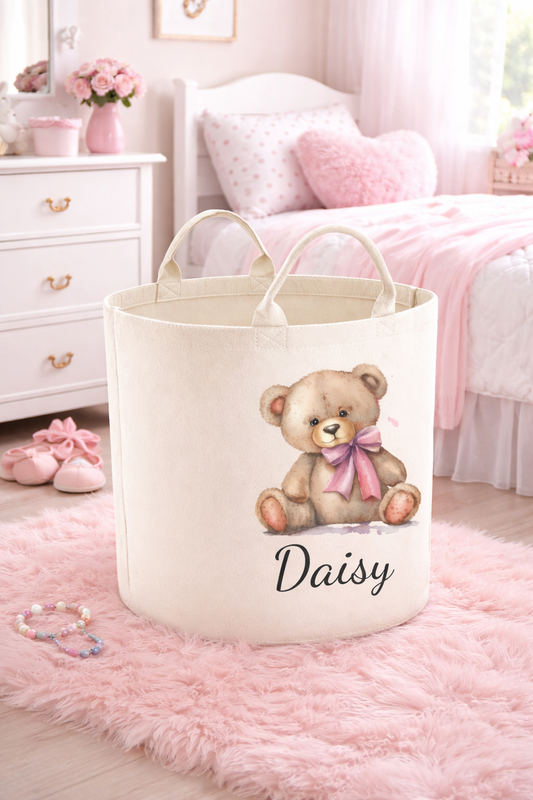 Pink Bow Teddybear Personalised Toy/Laundry Basket