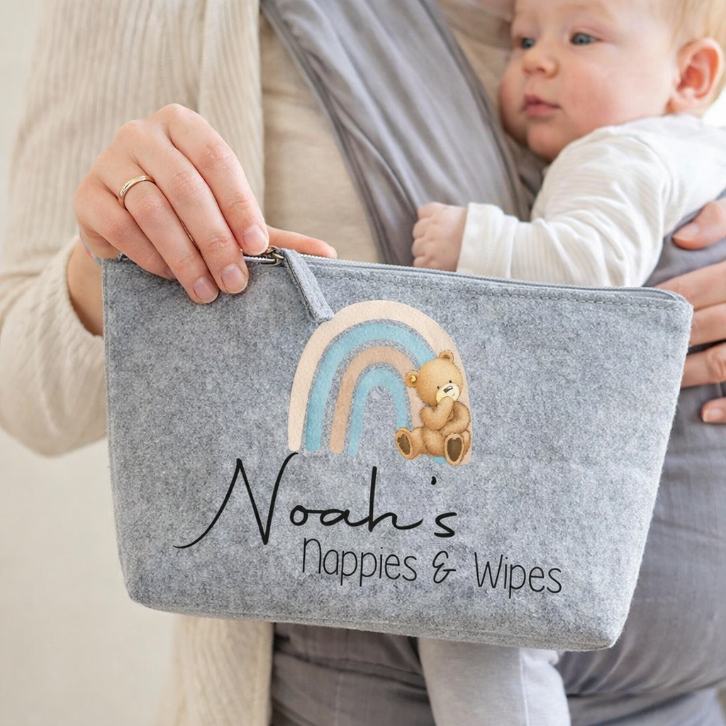 Nappy and Wipes storage bag with Blue rainbow & teddy design