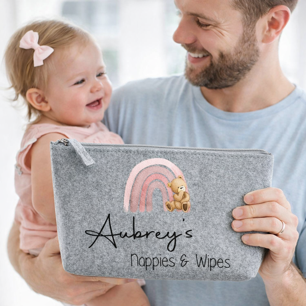 Nappy and Wipes storage bag with Pink rainbow & teddy design