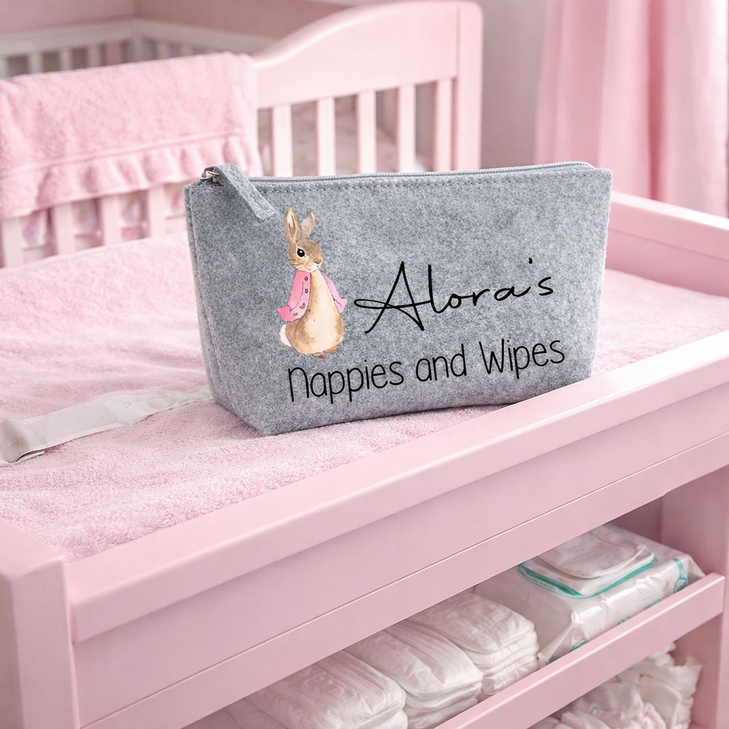 Nappy and Wipes storage bag with Pink Bunny