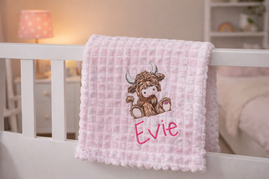 The Kenton baby Blanket Highland Cow Design & Name - Various Colours