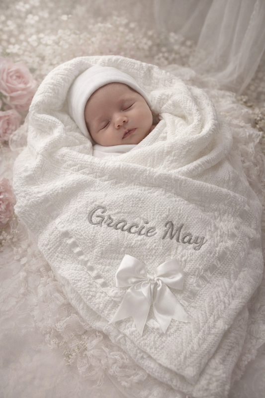 White Cable knit blanket with Bow