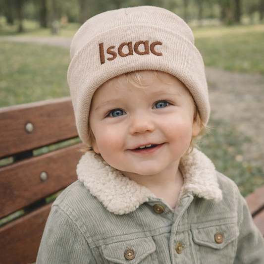 Beige Personalised Childrens Beanie Hat