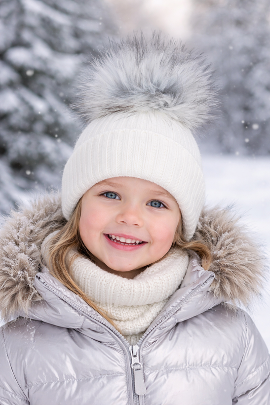 White/ grey pom. Personalised Single Pom hat - various sizes