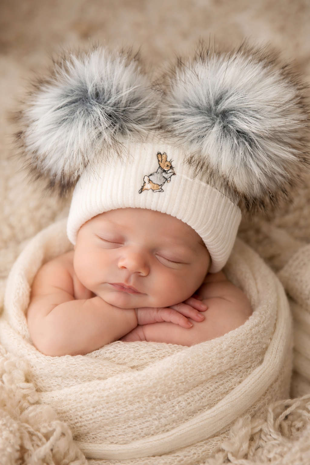 Grey Bunny Double Pom Hat - First Size