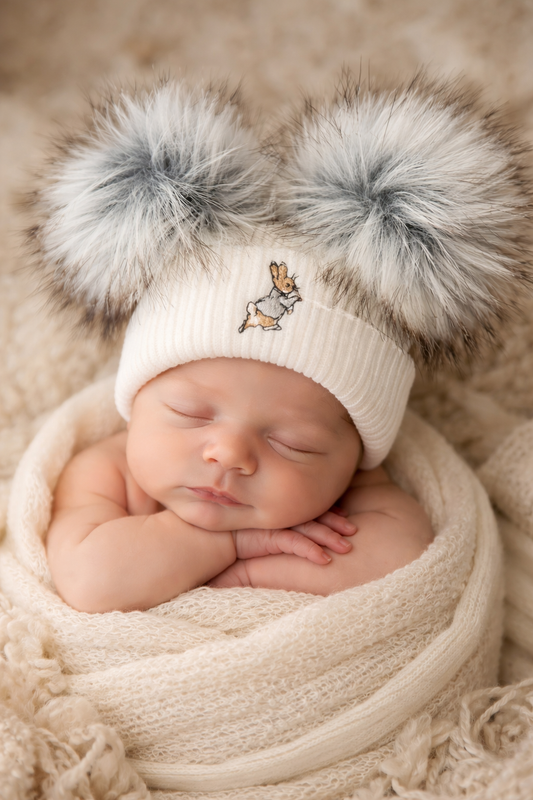 Grey Bunny Double Pom Hat - First Size
