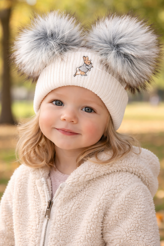 Grey Bunny Double Pom Hat - 3+ Months