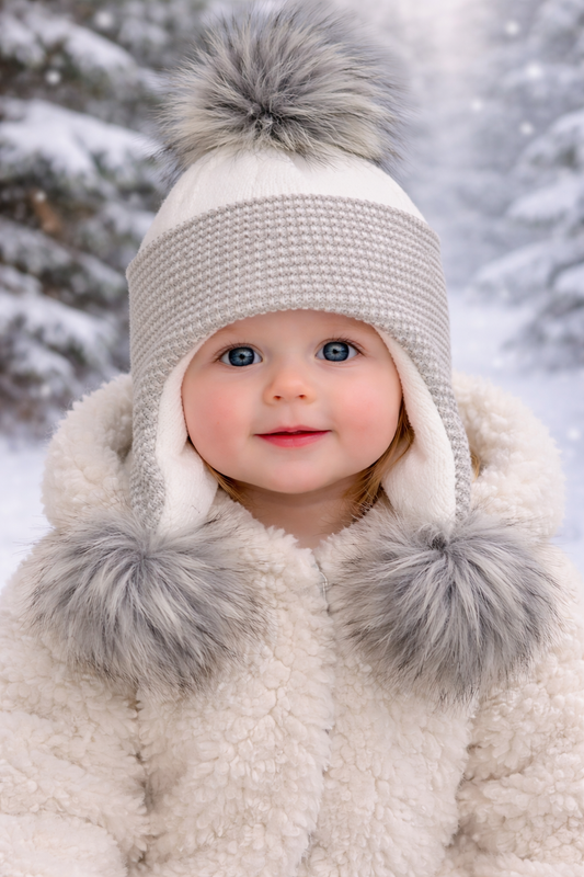 Grey/white Triple Pom hat - 3+ Months