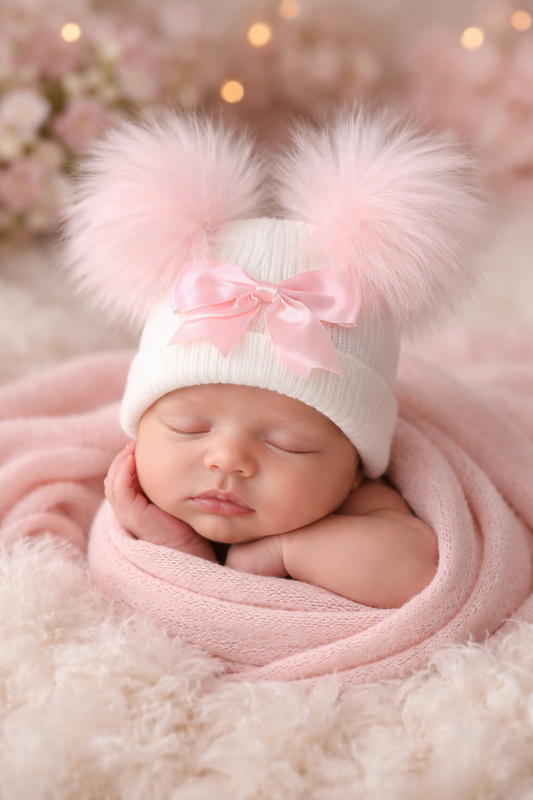 Baby personalised Double Pom hat With Bow - First Size
