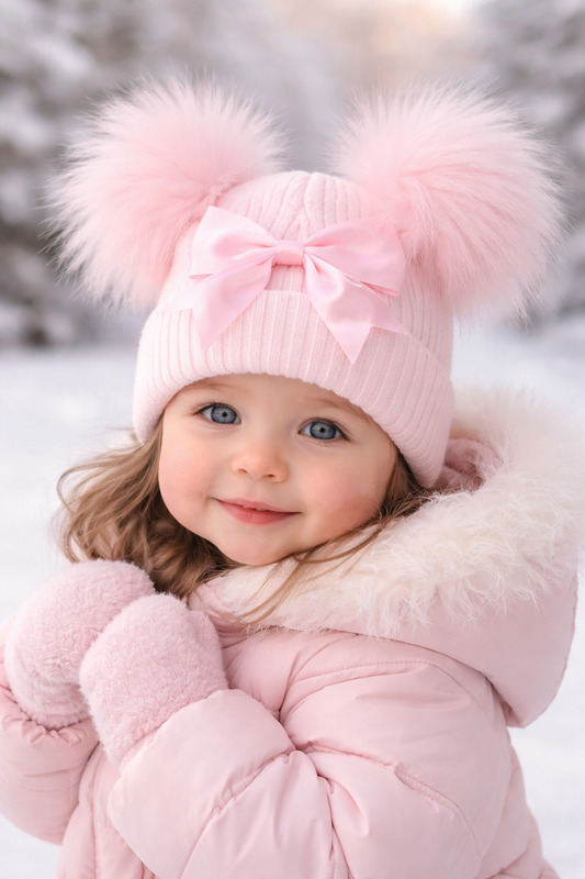 Baby personalised Double Pom hat With Bow - 3+ Months