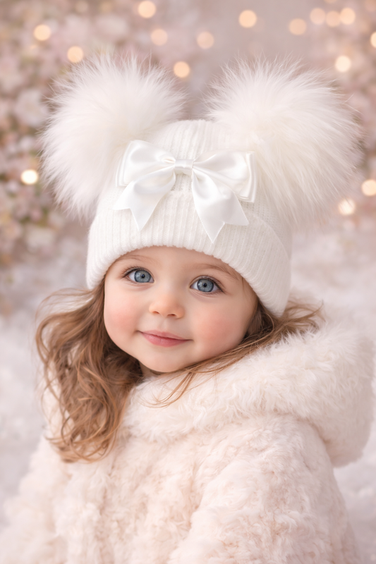 Baby personalised Double Pom hat With Bow - 1-4 Years