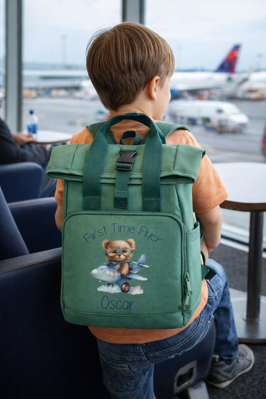 First Time Flyer personalised Mini Twin Handle Roll-Top Backpack blue design