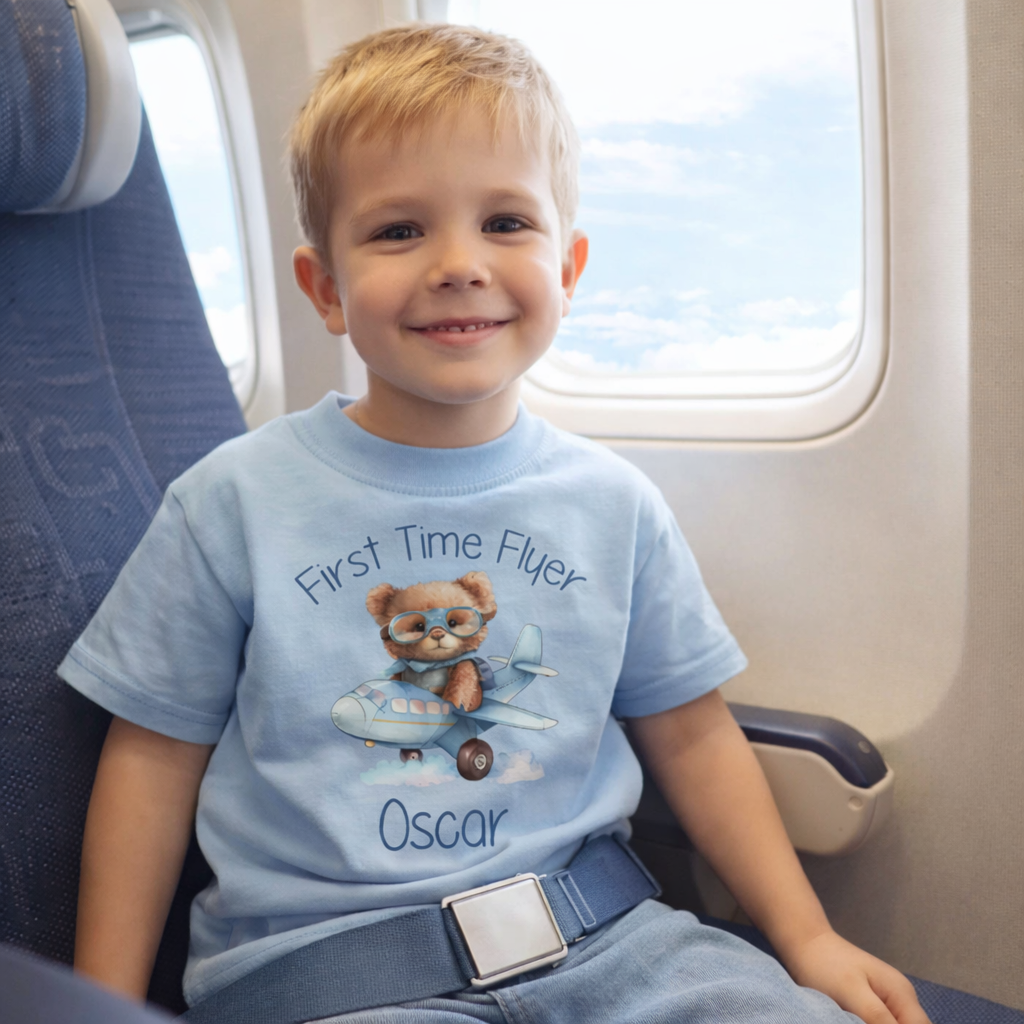 First Time Flyer personalised t-shirt with Blue design - various colour tops