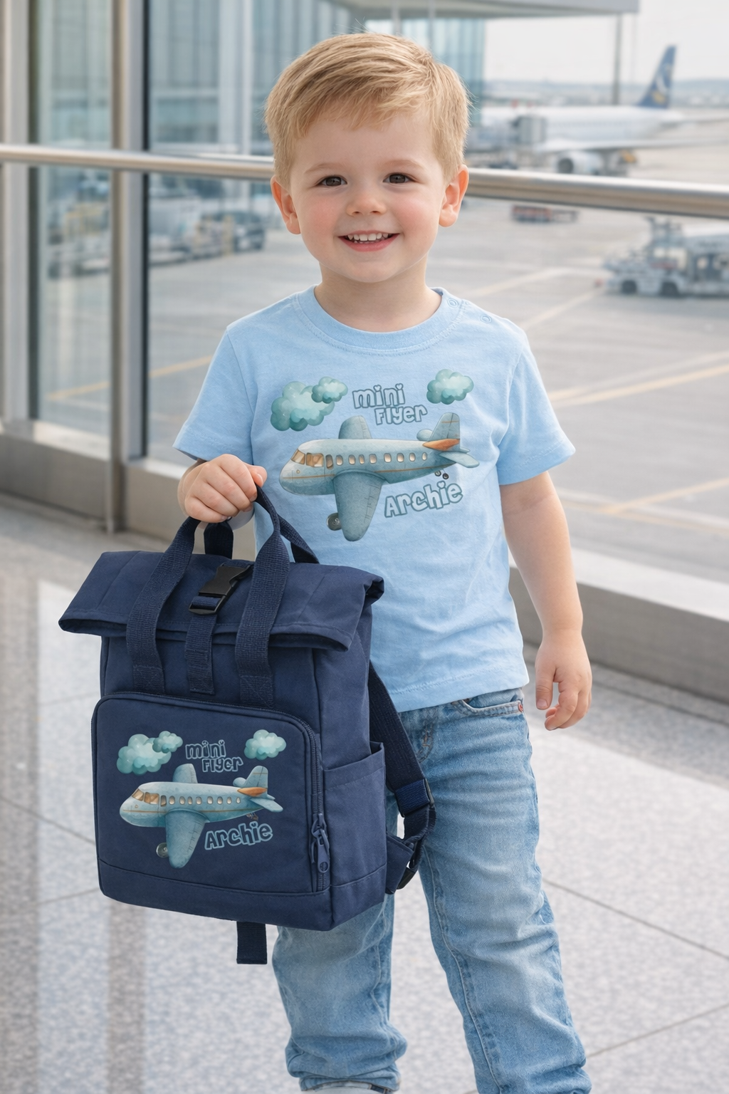 Mini Flyer personalised Mini Twin Handle Roll-Top Backpack blue design