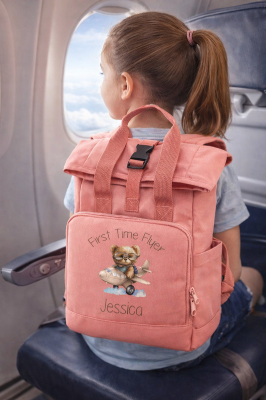 First Time Flyer personalised Mini Twin Handle Roll-Top Backpack beige design