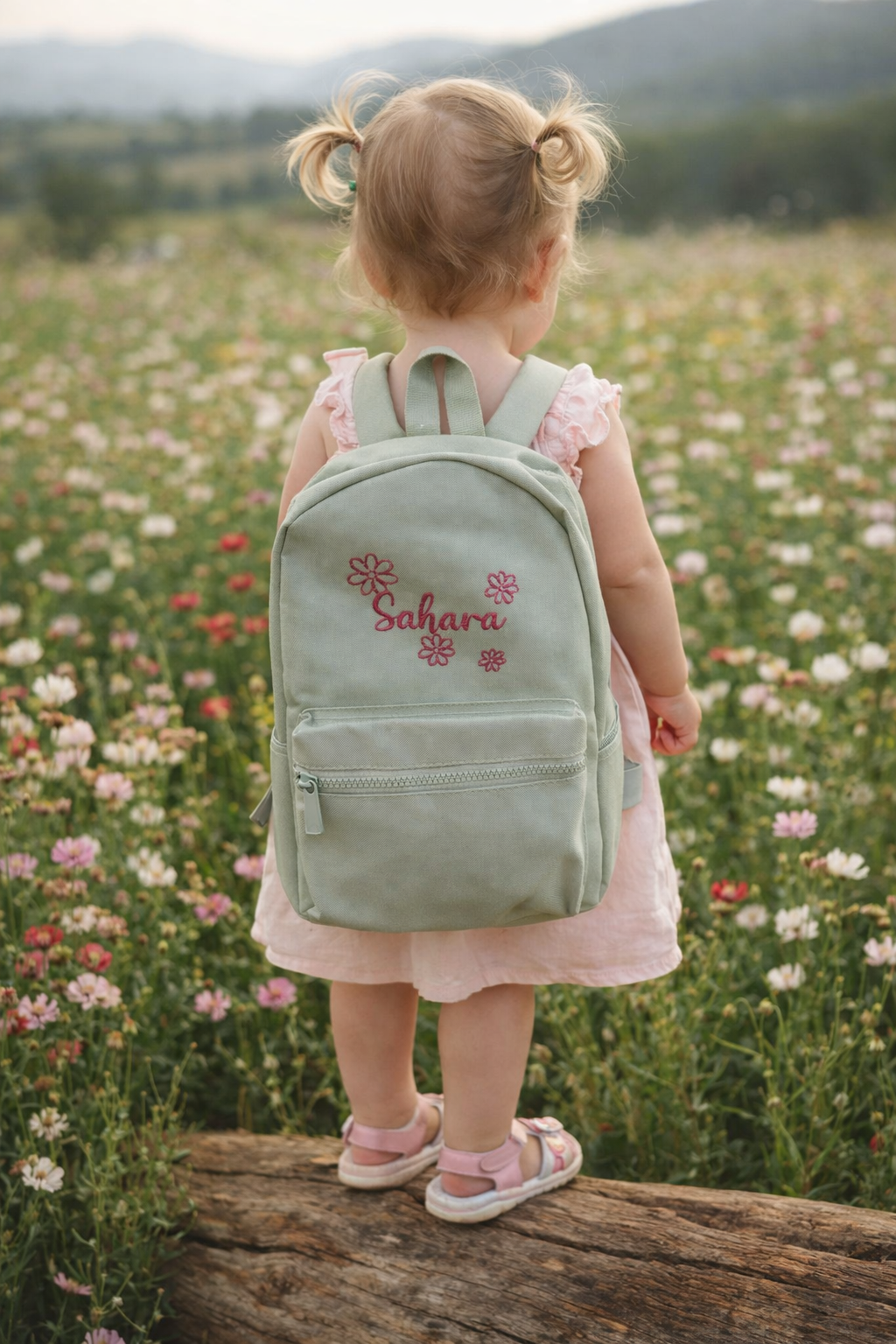 children's Backpack personalised with Daisies & Name Design
