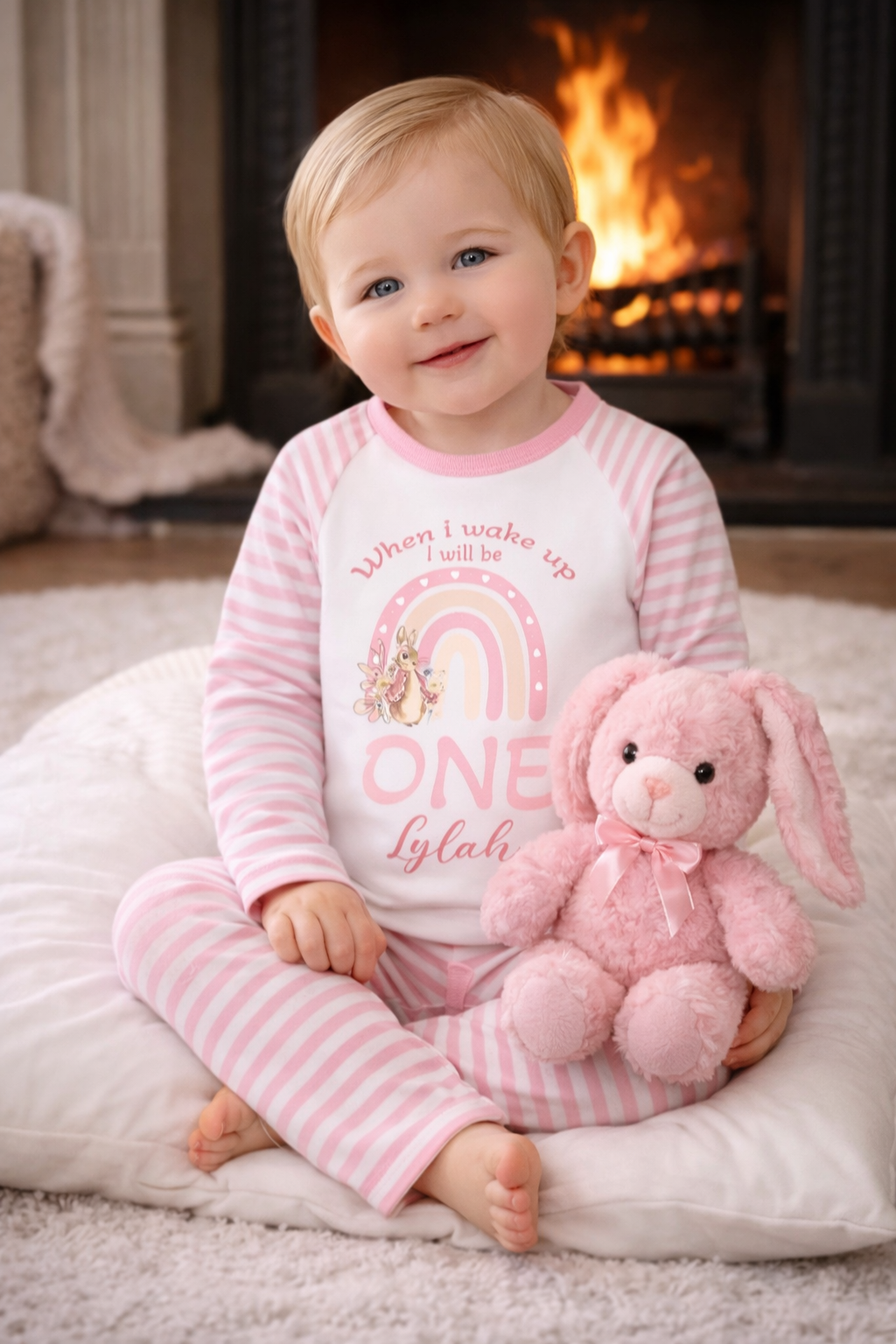 Pink stripe personalised rabbit design birthday pyjamas