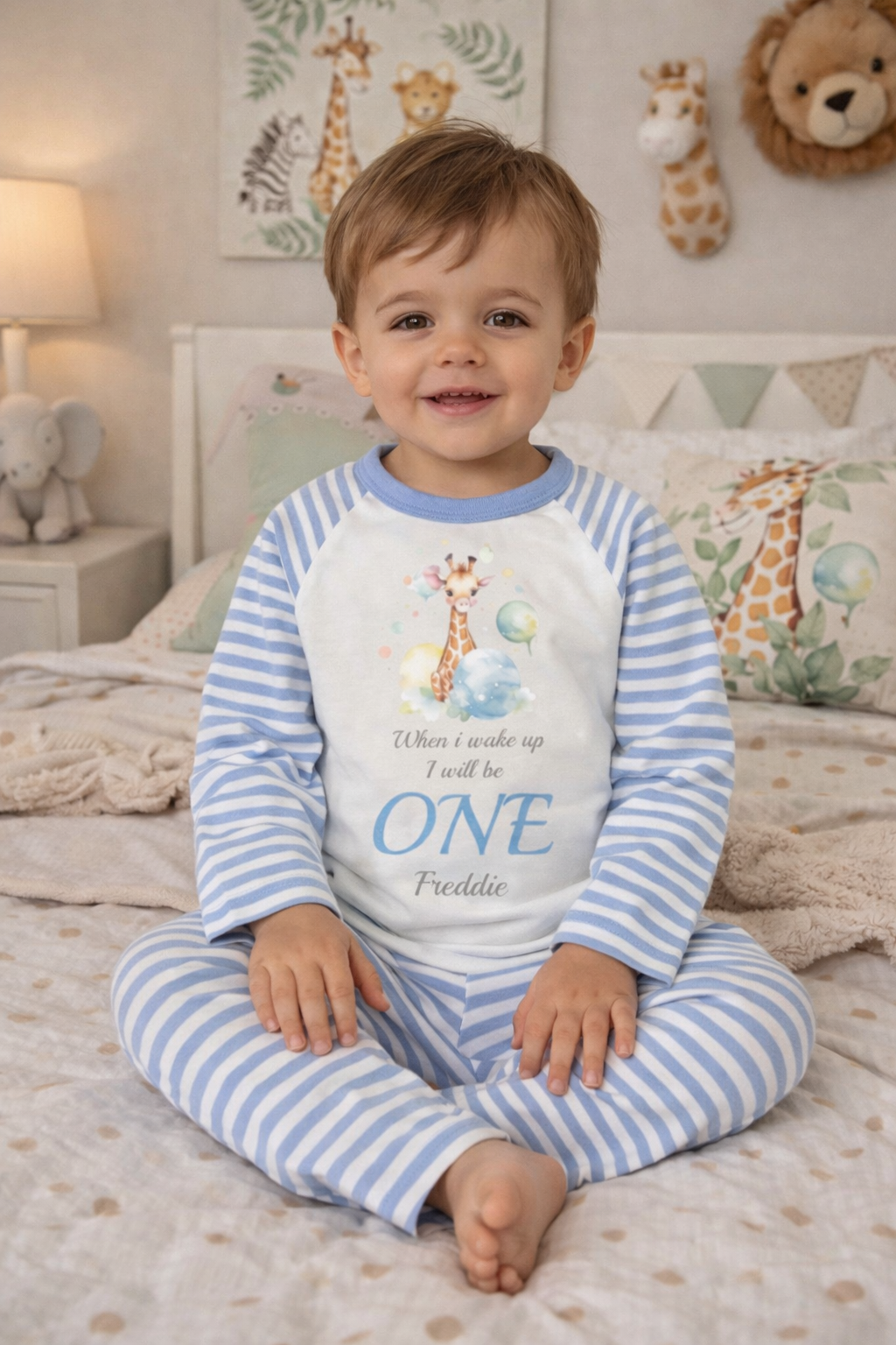Giraffe When I Wake Up Personalised blue stripe Birthday Pyjamas Pjs