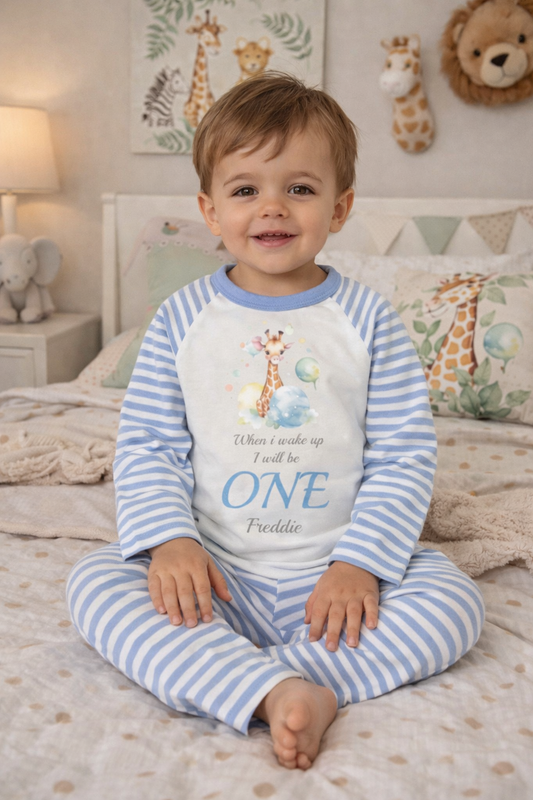 Giraffe When I Wake Up Personalised blue stripe Birthday Pyjamas Pjs