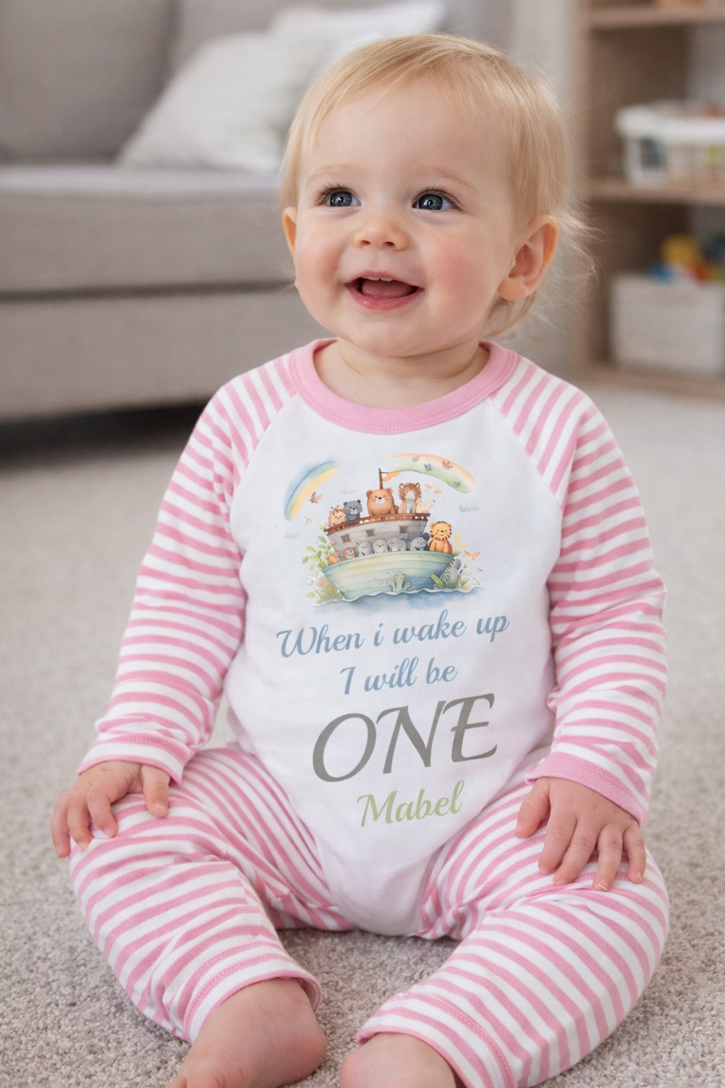 Arc When I Wake Up Personalised pink stripe Birthday Pyjamas Pjs