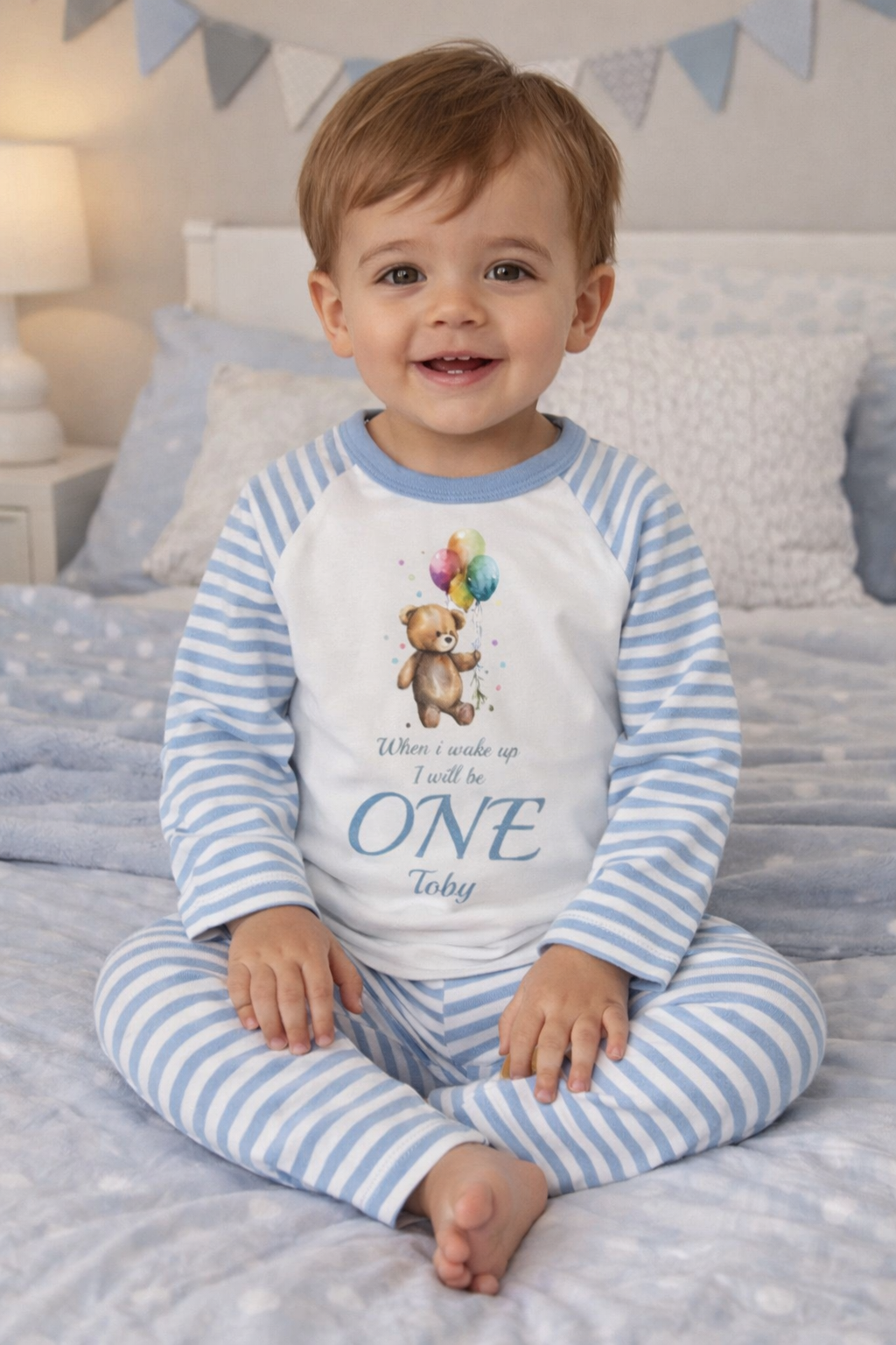 Teddy When I Wake Up Personalised blue stripe Birthday Pyjamas Pjs