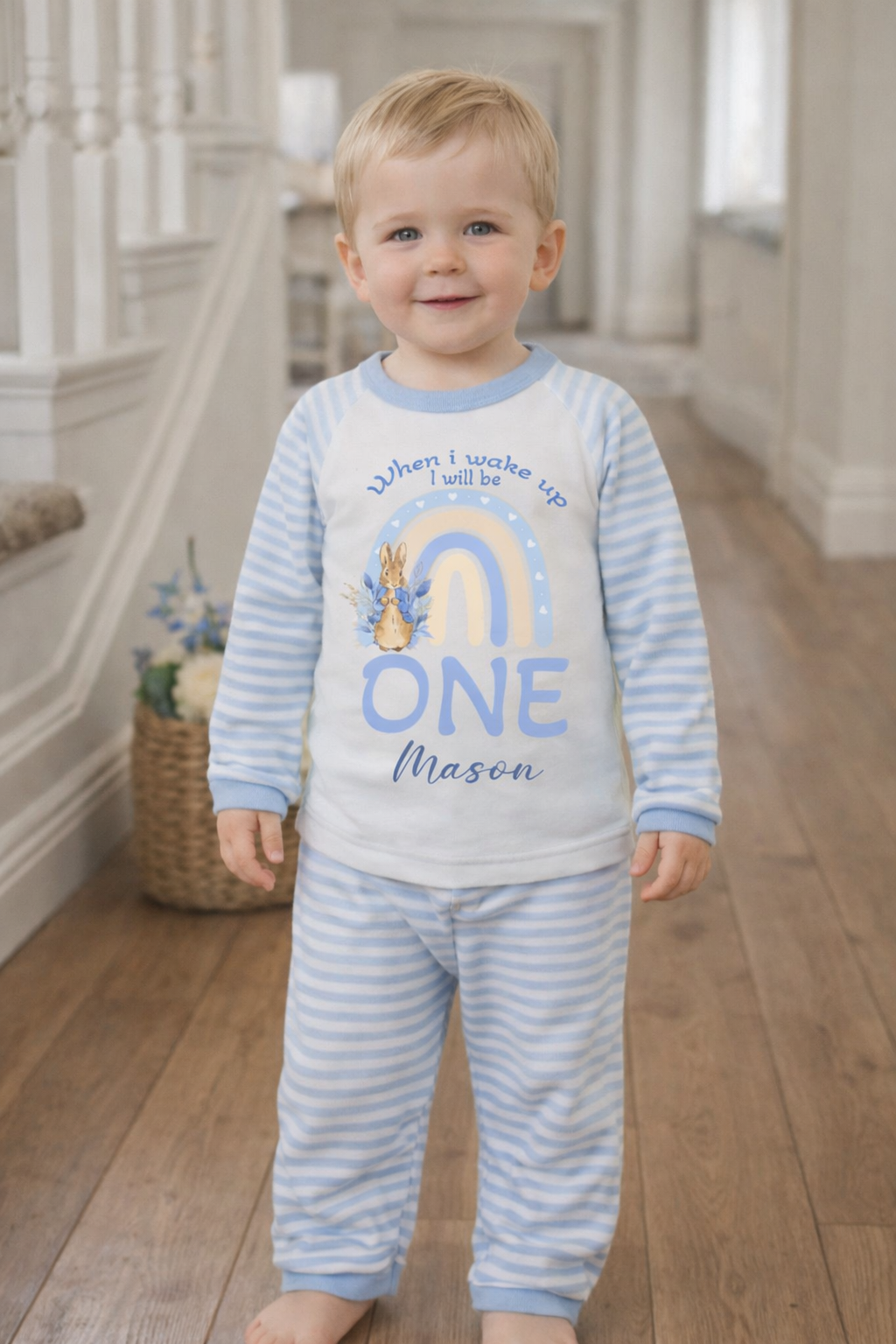 Blue stripe personalised rabbit design birthday pyjamas