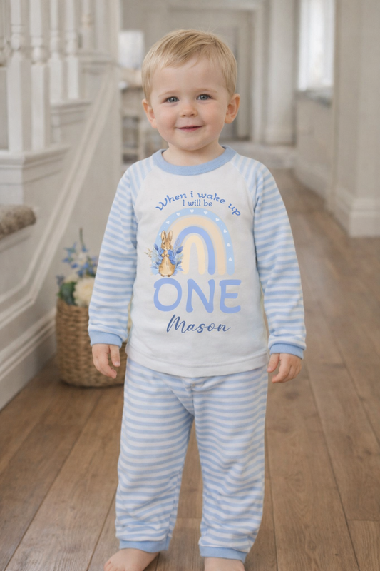 Blue stripe personalised rabbit design birthday pyjamas